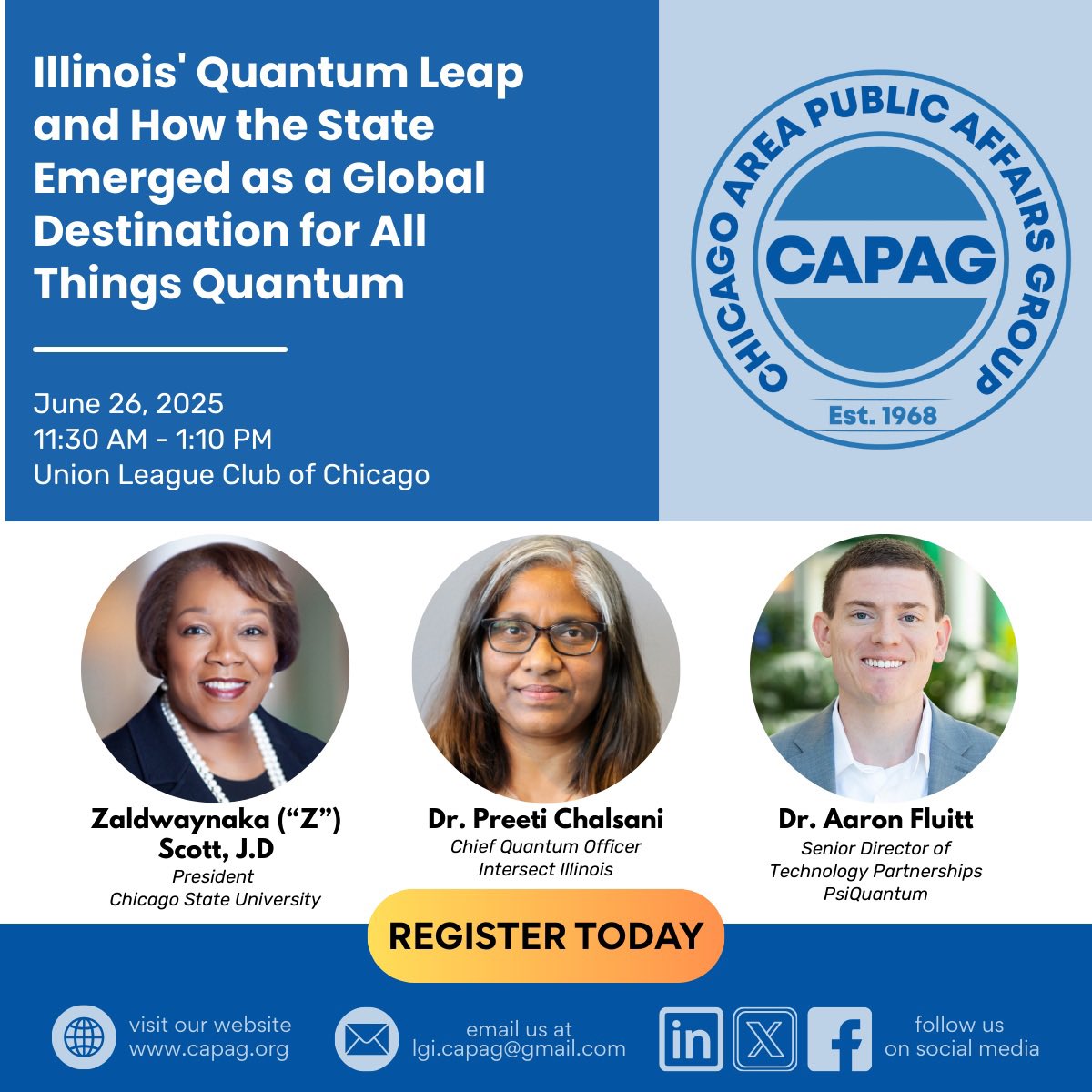 CAPAGsays's tweet image. Connect with the Chicago Area Public Affairs Group for an exciting conversation on the state’s rise as a global quantum powerhouse. #QuantumLeadership #IllinoisInnovation #ProNetworking
Register here: eventbrite.com/e/illinois-qua…