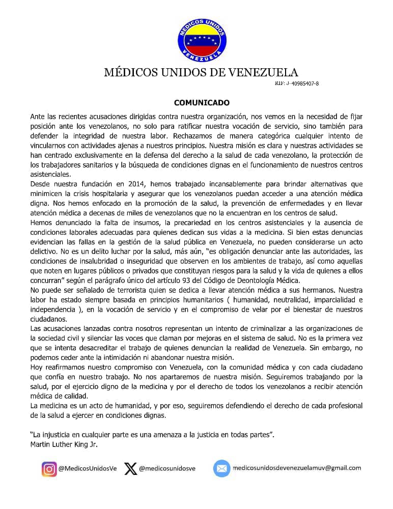 Luis Carlos 🏴☠️ One Piece (@luiscarlos) on Twitter photo Comunicado de Médicos Unidos de Venezuela, una de las organizaciones sociales atacadas y criminalizadas el día de ayer. <a href="/MedicosUnidosVe/">Médicos Unidos Vzla</a> Comunicado de Médicos Unidos de Venezuela, una de las organizaciones sociales atacadas y criminalizadas el día de ayer. <a href="/MedicosUnidosVe/">Médicos Unidos Vzla</a>