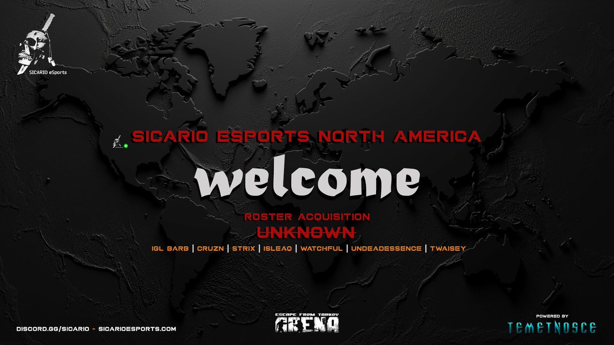 Sicario eSports (@sicario_esports) on Twitter photo Introducing:
Sicario eSports North America Pro Team
Roster
๐บ๐ธ <a href="/Barbaric__/">Barbaric</a> | IGL
๐จ๐ฆ <a href="/cruzNN__/">cruzN</a>
๐บ๐ธ <a href="/FemboyStrix/">Femboy Strix</a>
๐บ๐ธ <a href="/iSleaq/">Sleaq</a>
๐บ๐ธ <a href="/WatchfulEFT/">Watchful</a>
Sub
๐บ๐ธ <a href="/UndeadEssenceTV/">UndeadEssence</a>
๐บ๐ธ <a href="/Twaisey_/">Twaisey</a>
Artist: <a href="/mattzoodahh/">Mattzoodahh</a> โฅ๏ธ Introducing:
Sicario eSports North America Pro Team
Roster
๐บ๐ธ <a href="/Barbaric__/">Barbaric</a> | IGL
๐จ๐ฆ <a href="/cruzNN__/">cruzN</a>
๐บ๐ธ <a href="/FemboyStrix/">Femboy Strix</a>
๐บ๐ธ <a href="/iSleaq/">Sleaq</a>
๐บ๐ธ <a href="/WatchfulEFT/">Watchful</a>
Sub
๐บ๐ธ <a href="/UndeadEssenceTV/">UndeadEssence</a>
๐บ๐ธ <a href="/Twaisey_/">Twaisey</a>
Artist: <a href="/mattzoodahh/">Mattzoodahh</a> โฅ๏ธ