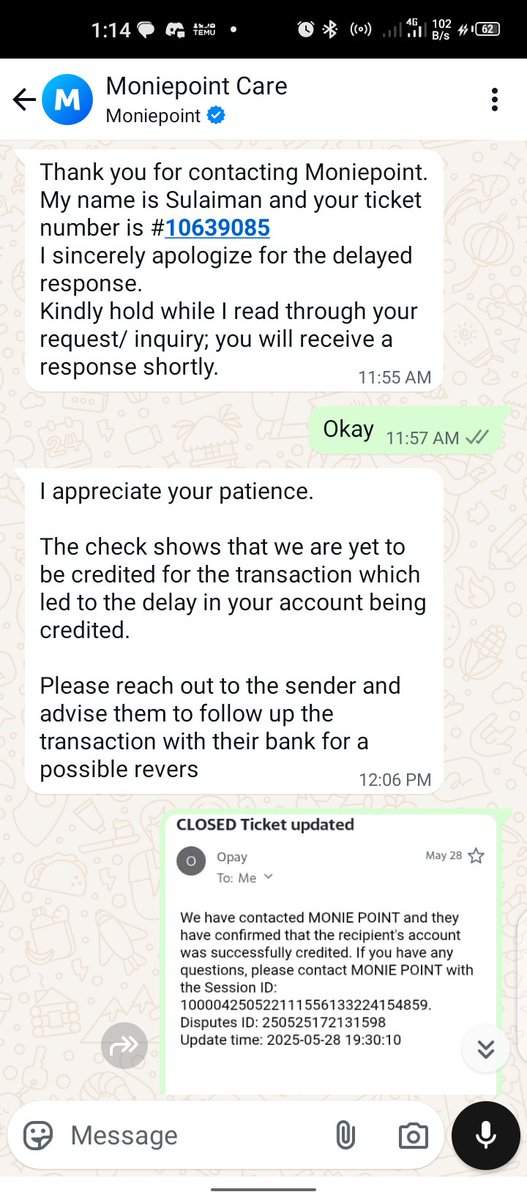OmuyaAbdullah's tweet photo. @cenbank @OPay_NG @opaybusiness @moniepointng 
I made a transaction from Opay to Moniepoint customer on the 22 May 2025. Up till now the customer has not been credited.
I made complaints to the both banks still not resolved attached is the screenshot https://t.co/xcfley89Wm