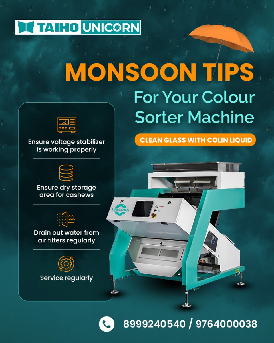 SorterUnic70896's tweet image. Monsoon? No worries!
Keep your sorting machine safe:
✔️ Cover it
✔️ Clean filters
✔️ Service on time
Stay sorted this rainy season!

📞 +91 96577 22184

#UnicornColourSorter #MonsoonTips #StaySorted #MachineCare #RainReady