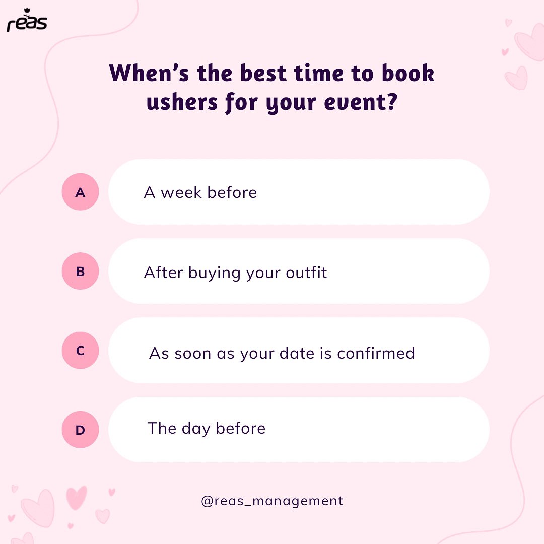 _Reasmanagement's tweet photo. When’s the best time to book ushers for your event? https://t.co/qANr4zzUnL