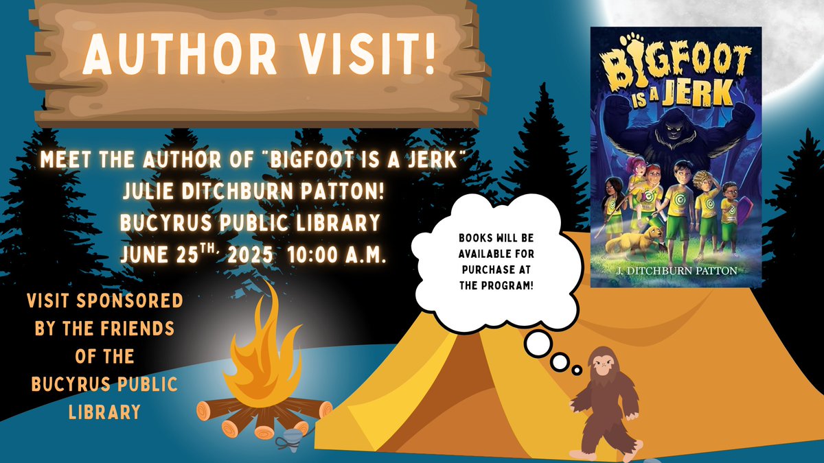 Join me in Bucyrus, Ohio, for a squatchy good time! Special thanks to the librarians and The Friends of the Bucyrus Public Library for making this happen. Hope to see you there! :) #Bigfootisajerk #mglit #bigfoot #sasquatch