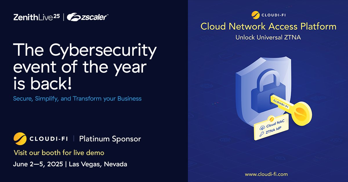 🥳 We’re excited to have <a href="/Cloudi_fi/">Cloudi-Fi</a> as a Platinum Sponsor of #ZL25 in Las Vegas!

Register and learn how Cloudi-Fi and Zscaler’s integrated Cloud NAC + #ZeroTrust Identity solution is revolutionizing secure network access for every device, everywhere → bit.ly/4k31C8x
