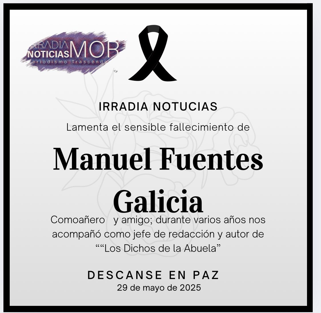 APECOMOR1's tweet photo. Descanse en paz el profesional de los medios.
Su capacidad en la redacción, su ironía y manejo del lenguaje lo hicieron distinguirse.
Su nombre será incluido en lugar de honor en el Monumento a la Libertad de Expresión. https://t.co/1rBzVwvhfQ