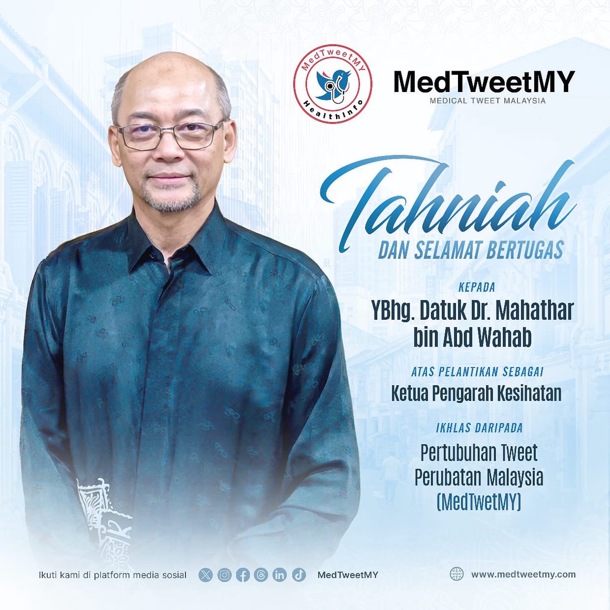 MedTweetMY ingin mengucapkan setinggi-tinggi tahniah kepada YBhg. Datuk Dr. Mahathar bin Abd Wahab atas perlantikan sebagai Ketua Pengarah Kesihatan.

Selamat menjalankan tugas dan semoga lebih banyak polisi-polisi yang baik dapat dilaksanakan demi kesejahteraan rakyat Malaysia.