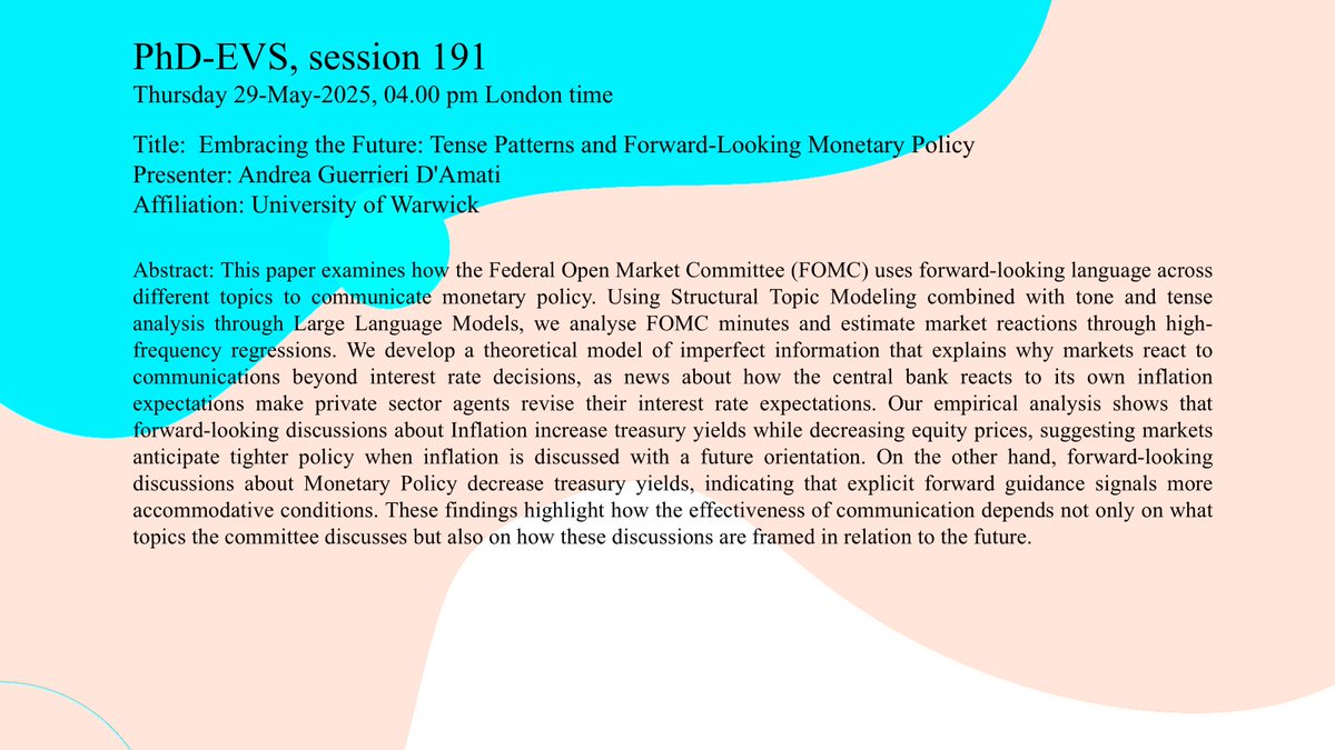 Join us this Thursday as Andrea Guerrieri D'Amati, from University of Warwick, presents his work:  "Embracing the Future: Tense Patterns and Forward-Looking Monetary Policy".      

Register here: sites.google.com/view/phd-evs20…

#Monetarypolicy #Forwardlooking