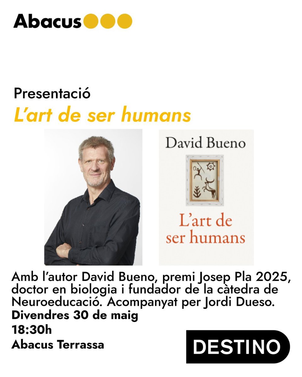 Jordi Dueso (@jordidueso) on Twitter photo Suposo que no et perdràs aquest esdeveniment a Terrassa...? 👀
Demà divendres! 📚 L’art de ser humans – Premi Josep Pla 2025
Amb David Bueno, biòleg i neuroeducador de referència
📍 Abacus Terrassa · 18.30 h
🎟️ Entrada gratuïta + sorpresa creativa!
<a href="/abacus_botigues/">Abacus Botigues</a> <a href="/Ed_62/">Edicions62</a> Suposo que no et perdràs aquest esdeveniment a Terrassa...? 👀
Demà divendres! 📚 L’art de ser humans – Premi Josep Pla 2025
Amb David Bueno, biòleg i neuroeducador de referència
📍 Abacus Terrassa · 18.30 h
🎟️ Entrada gratuïta + sorpresa creativa!
<a href="/abacus_botigues/">Abacus Botigues</a> <a href="/Ed_62/">Edicions62</a>