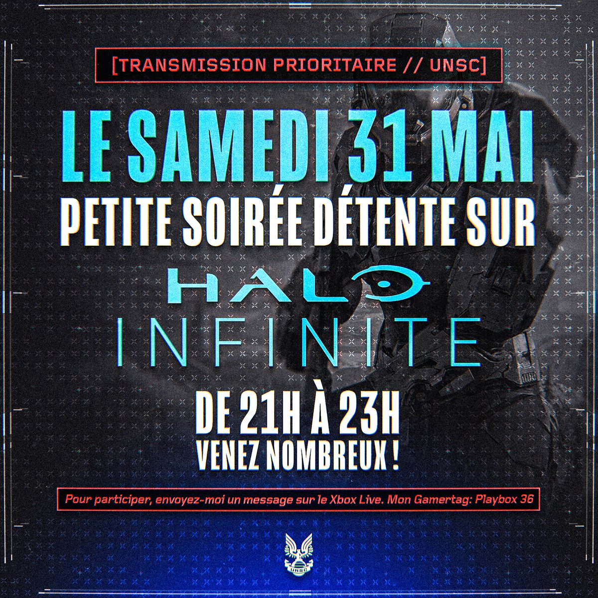 Salut à tous les fans de #Halo !
J’organise une soirée détente sur #HaloInfinite ce Samedi 31 Mai de 21h à 23h.
Envoyez-moi un message sur le #Xbox Live pour confirmer votre présence !
Gamertag: Playbox 36
Merci beaucoup les Spartans, à Samedi !