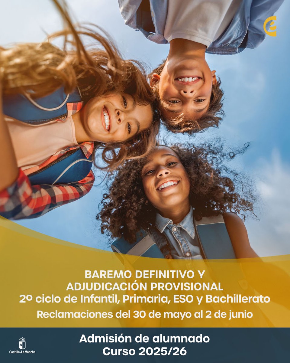 Educación C-LM (@educajccm) on Twitter photo 📢 Publicada la adjudicación provisional y el baremo definitivo del proceso de #AdmisióndeAlumnado 2025-2026 (Infantil 2º ciclo, Primaria, ESO y Bachillerato)
🗓️ Reclamaciones: 30 mayo al 2 junio 2025
🔗 Listados en: spkl.io/6011ffcdz 📢 Publicada la adjudicación provisional y el baremo definitivo del proceso de #AdmisióndeAlumnado 2025-2026 (Infantil 2º ciclo, Primaria, ESO y Bachillerato)
🗓️ Reclamaciones: 30 mayo al 2 junio 2025
🔗 Listados en: spkl.io/6011ffcdz