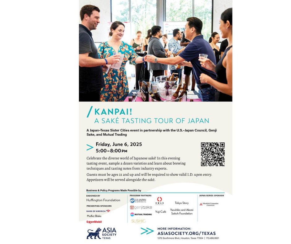 Join our friends at @AsiaSocietyTX for an unforgettable evening of saké tasting, cultural activities, and fun! 📅 Friday, June 6 | 🕔 5–8 PM 📍 1370 Southmore Blvd.  $65 | $45 for AST Members 🔞 21+ only | Use code SAKE2025 for an ACC discount!
🔗 zurl.co/pOhHl