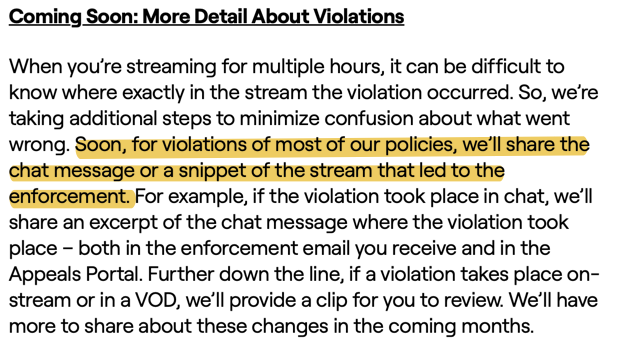 mantiswhoprays's tweet image. Hi @TwitchSupport — in your Feb 20th security update you mentioned "more details about violations" coming soon. How soon is "soon"? If the appeals portal doesn’t show the flagged content and the support portal can't help, how can creators access this info in the meantime?
