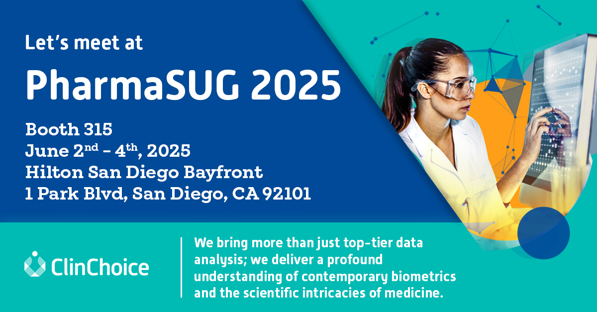 ClinChoice's tweet image. See you next week at #PharmaSUG2025! Be sure to add booth 315 to your itinerary to learn about our end-to-end biometrics solutions.
Not attending? Check out where we will be next:hubs.la/Q03pGJHw0
#Biometrics #StatisticalProgramming #DataScience #Biostatistics #ClinChoice