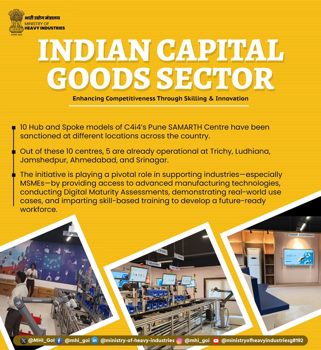 Under MHI’s Capital Goods Scheme Phase-II, out of 10 Hub-and-Spoke models of C4i4’s Pune SAMARTH Centre sanctioned, five have been operational—Trichy, Ludhiana, Jamshedpur, Ahmedabad, and Srinagar—supporting MSMEs and small enterprises in building Industry 4.0 capabilities