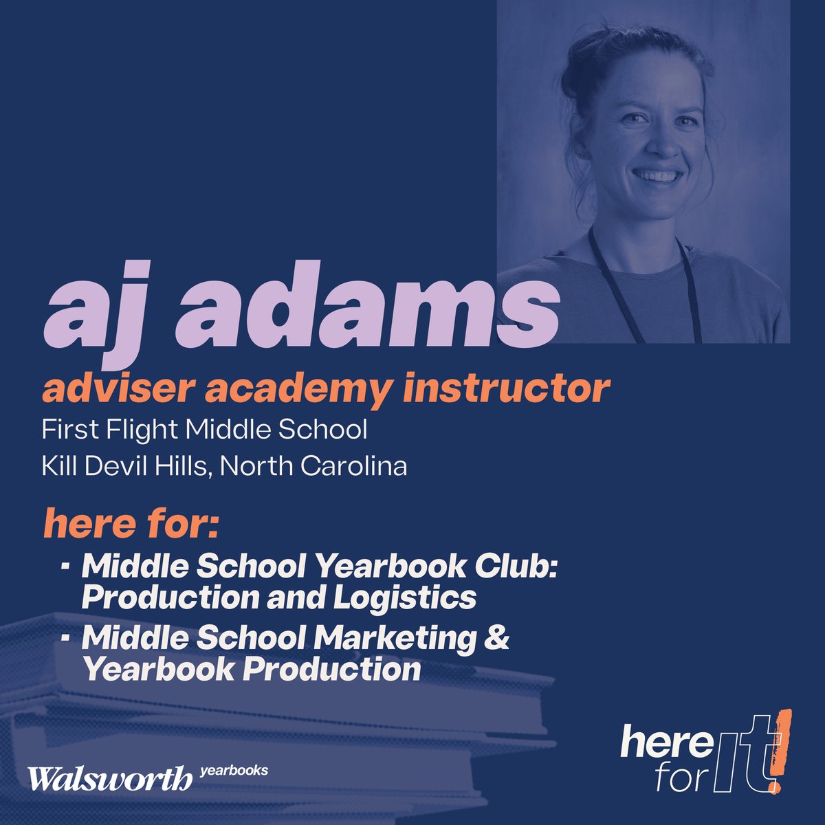 Get to know our 2025 Virtual Adviser Academy instructors! AJ Adams is the yearbook adviser at First Flight Middle School in Kill Devil Hills, NC, and will be here for two middle school courses. Register today at link.walsworthyearbooks.com/AdviserAcademy. #Walsworth #Yearbooks