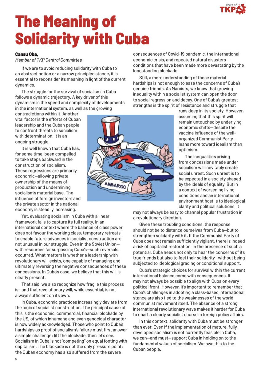 Cansu Oba, Member of TKP Central Committee, wrote for the May issue of Voice of TKP on the meaning of solidarity with Cuba:

"If we are to avoid reducing solidarity with Cuba to an abstract notion or a narrow principled stance, it is essential to reconsider its meaning in light
