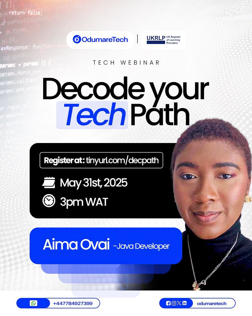 OdumareTech's tweet photo. Attending Decode Your Tech Path comes with a BIG bonus! 💥

💸 Get 5% OFF your registration for our June Tech Cohort!
🚀 Courses: Front-End Dev, Data Analytics, Data Science
💳 Pay just ₦285,000 instead of ₦300,000
⏳ Offer valid for 24 hours ONLY after the webinar! https://t.co/OQ0P0dUxL5