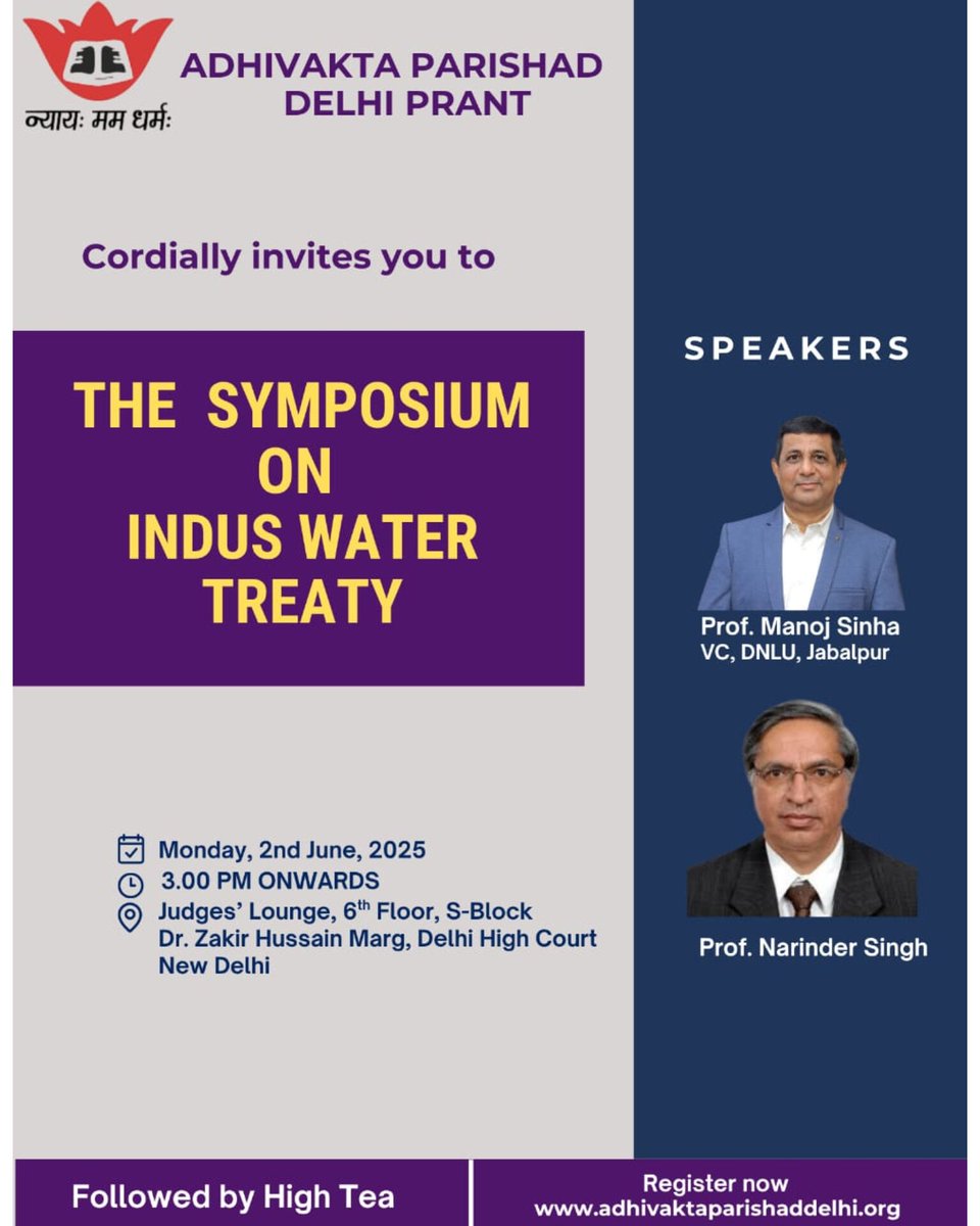 Join Adhivakta Parishad Delhi Prant for an intriguing Symposium on "INDUS WATER TREATY" 
Register yourself with link below 👇🏻 
forms.gle/3di3GCYcMsE7P8…
See you all bright minds there !