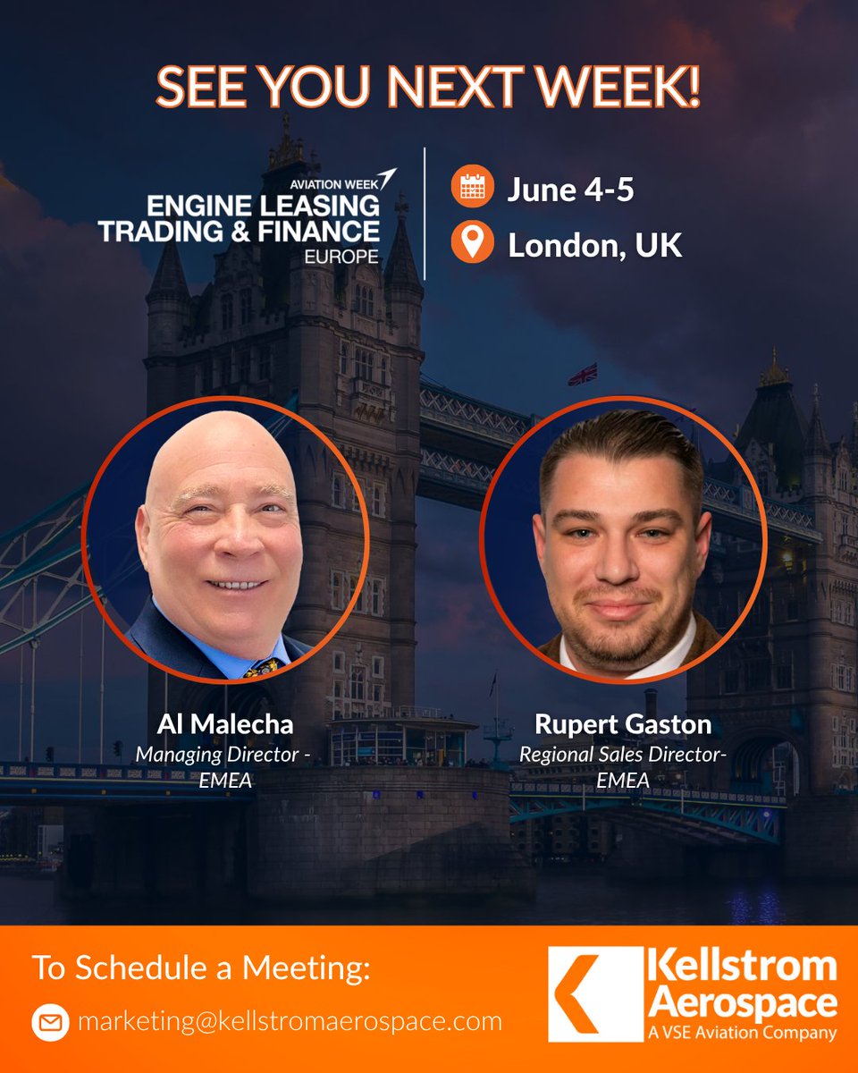 Al Malecha and Rupert Gaston are ready to meet you next week in London for this year's ELTF conference! To secure a meeting in advance, please email us at marketing@kellstromaerospace.com! ✈️🇬🇧 #ELTFEUR #KellstromAerospace