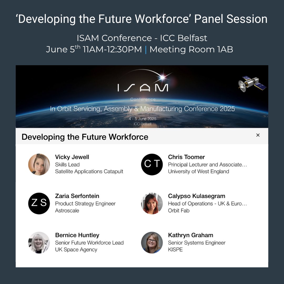 KISPE's Senior Systems Engineer Kathryn Graham will be taking part in panel session 'Developing the Future Workforce' next Thursday June 5th (11am-12:30pm) at  #ISAMConference in Belfast

The panel looks forward proactively to what we can do to improve the future space workforce