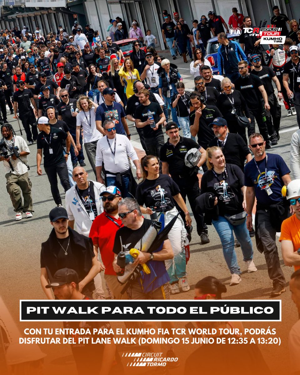 Circuit Ricardo Tormo (@circuitvalencia) on Twitter photo 🙌 PIT WALK ABIERTO A TODO EL PÚBLICO 🙌
🎟️ Con tu entrada para las <a href="/TCR_Series/">TCR Series</a> podrás acceder al Pit Lane Walk del domingo 15 de junio, que tendrá lugar de 12:35 a 13:20 (horario sujeto a posibles modificaciones)
‼️ Entradas a la venta en la web del Circuit por 5€ 🙌 PIT WALK ABIERTO A TODO EL PÚBLICO 🙌
🎟️ Con tu entrada para las <a href="/TCR_Series/">TCR Series</a> podrás acceder al Pit Lane Walk del domingo 15 de junio, que tendrá lugar de 12:35 a 13:20 (horario sujeto a posibles modificaciones)
‼️ Entradas a la venta en la web del Circuit por 5€