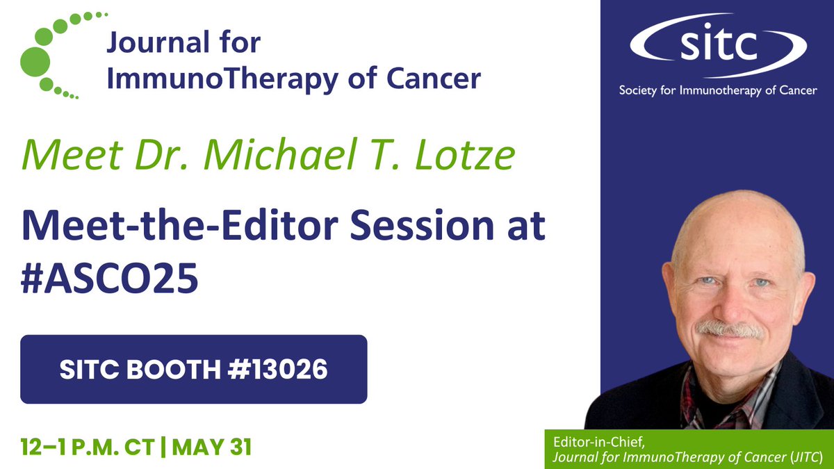 Society for Immunotherapy of Cancer (@sitcancer) on Twitter photo Get perspective on the evolving #IO landscape and what it means for your research! Speak with Dr. Michael Lotze, Editor-in-Chief of <a href="/jitcancer/">Journal for ImmunoTherapy of Cancer</a> about your research and publication goals during a Meet-the-Editor session at #ASCO25 on May 31, 12-1pm CT at the SITC booth (13026). Get perspective on the evolving #IO landscape and what it means for your research! Speak with Dr. Michael Lotze, Editor-in-Chief of <a href="/jitcancer/">Journal for ImmunoTherapy of Cancer</a> about your research and publication goals during a Meet-the-Editor session at #ASCO25 on May 31, 12-1pm CT at the SITC booth (13026).