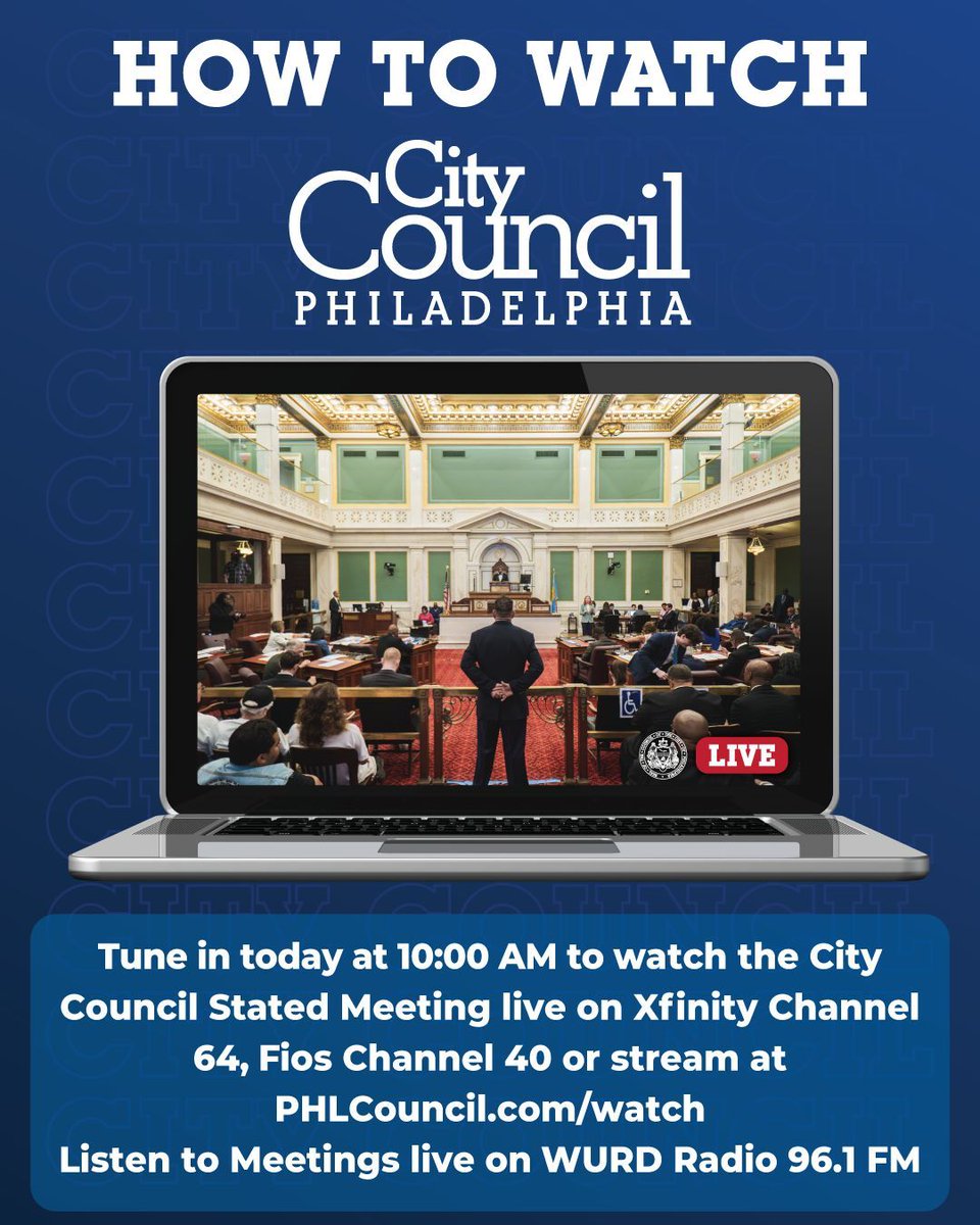 #PHLCouncil ‘s Stated Meeting will begin at 10AM today. Watch on Xfinity 64/Fios 40/Stream: phlcouncil.com/watch