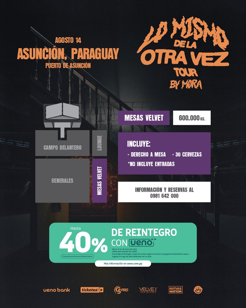 G5pro's tweet image. 💥Arrancamos la PreVenta Exclusiva de MORA para clientes de @uenopy💥
✅VENTA GENERAL: Mañana Viernes 30 de mayo desde las 9:00 AM 
🎟️Entradas en @ticketeapy y vía web en bit.ly/MoraEnPy
👉Info y Reserva de Mesas al wa.me/595981642000
🗓️14/Agos.
📍Puerto de Asunción