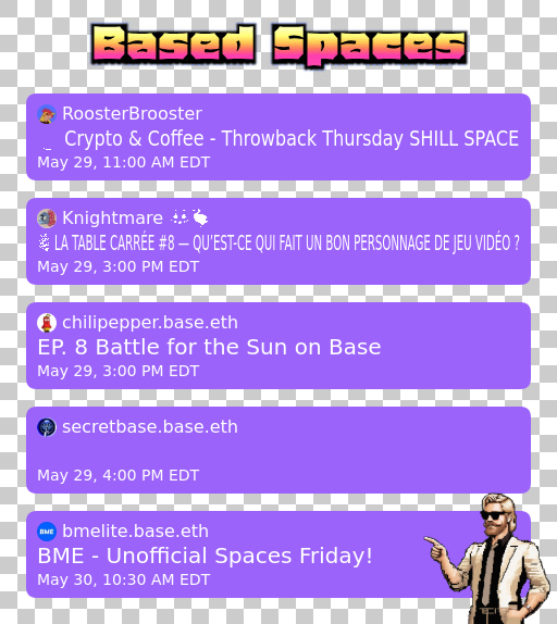 million.base.eth (@bithomepage) on Twitter photo Get ready for these upcoming <a href="/base/">Base</a> spaces hosted by <a href="/RoosterBroost3r/">RoosterBrooster</a> <a href="/Knightmare_RPG/">Knightmare ππ¦€</a> <a href="/chili_pepper_m/">chilipepper.base.eth</a> <a href="/SecretBasealpha/">secretbase.base.eth</a> <a href="/BaseMemeElite/">bmelite.base.eth</a>
Find the links at millionbithomepage.com/spaces Get ready for these upcoming <a href="/base/">Base</a> spaces hosted by <a href="/RoosterBroost3r/">RoosterBrooster</a> <a href="/Knightmare_RPG/">Knightmare ππ¦€</a> <a href="/chili_pepper_m/">chilipepper.base.eth</a> <a href="/SecretBasealpha/">secretbase.base.eth</a> <a href="/BaseMemeElite/">bmelite.base.eth</a>
Find the links at millionbithomepage.com/spaces