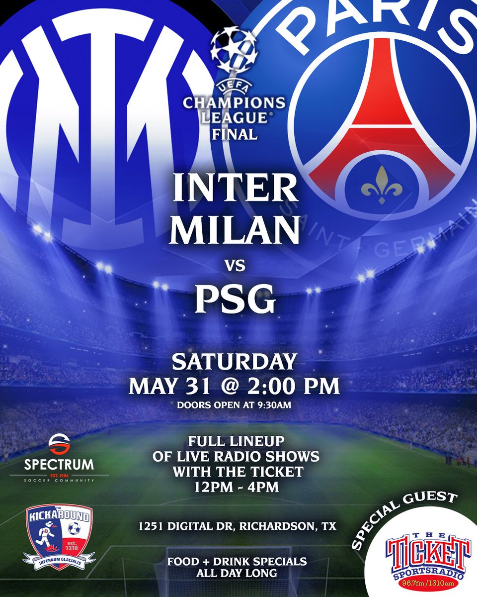 once again, doin' the Champions League Final roadshow.  Come watch the game, drink beer, eat pizza and heckle your (least) favorite radio hack.