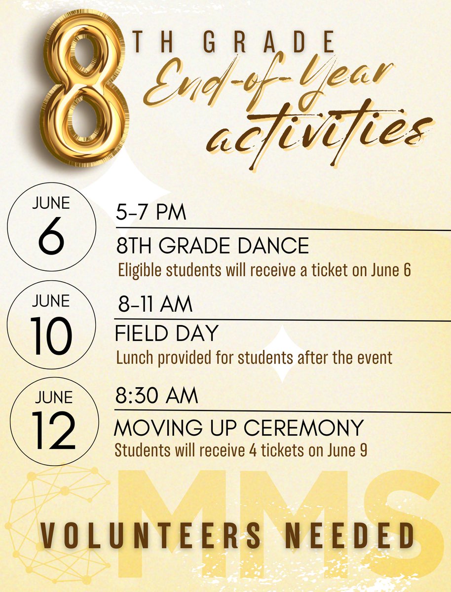 We need YOUR help to make the 8th Grade end-of-year events unforgettable! We need volunteers and donations to celebrate this special milestone:

8th grade ceremony
signupgenius.com/go/10C054DACAE…

8th grade field day
signupgenius.com/go/10C054DACAE…

8th grade dance
signupgenius.com/go/10C054DACAE…