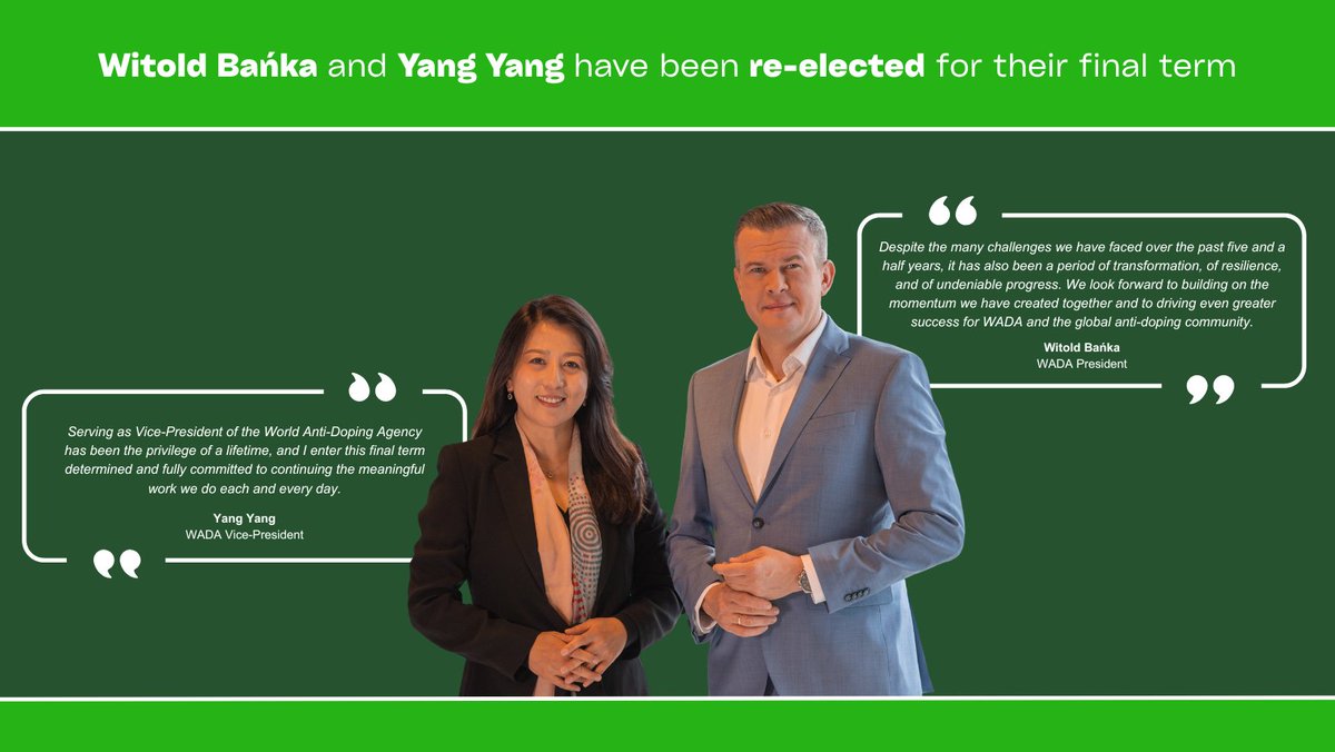 WADA (@wada_ama) on Twitter photo 🏅 Our Foundation Board has re-elected independent President, <a href="/WitoldBanka/">Witold Bańka</a>, and Vice-President, Yang Yang, for a third and final three-year term in the top leadership roles of WADA, which will begin on 1 January 2026 and run until the end of 2028.
Learn more about their 🏅 Our Foundation Board has re-elected independent President, <a href="/WitoldBanka/">Witold Bańka</a>, and Vice-President, Yang Yang, for a third and final three-year term in the top leadership roles of WADA, which will begin on 1 January 2026 and run until the end of 2028.
Learn more about their