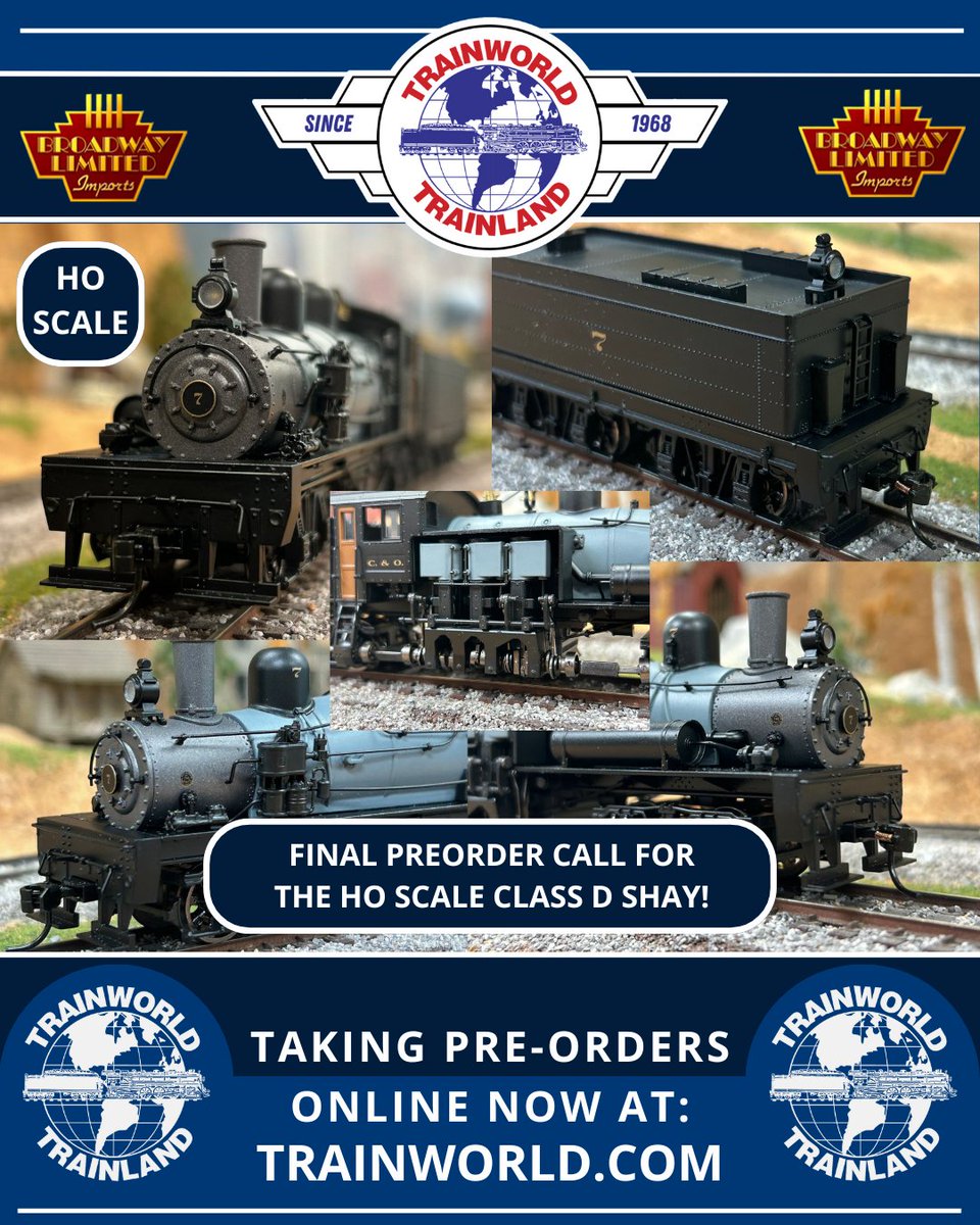 Trainworld's tweet image. Final call to preorder the @BLITrains HO Class D Shay is underway, don’t miss out in reserving this incredibly detailed - now able to negotiate 18 inch curves - steam engine! 🚂

PreOrder today at TrainWorld.com! tinyurl.com/4acmejh3

#broadwaylimited #hoscale #ClassD…