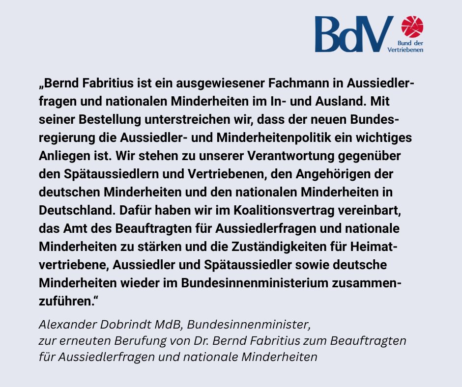 Jetzt ist es hochoffiziell: Das <a href="/BMI_Bund/">Bundesministerium des Innern</a> hat es auf seiner Webseite veröffentlicht. BdV-Präsident <a href="/BerndFabritius/">Bernd Fabritius</a> ist erneut Beauftragter für Aussiedlerfragen und nationale Minderheiten. Wir sind gespannt auf die politische Arbeit.
👉bmi.bund.de/.../DE/2025/05…