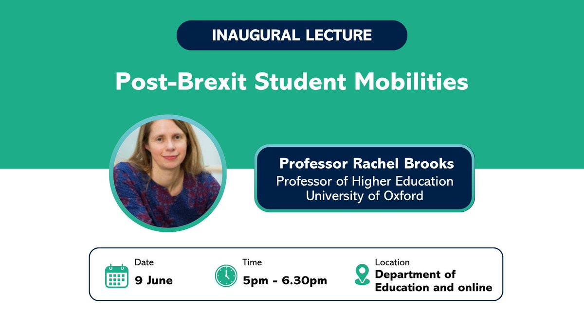 📢 All are welcome to join Professor Rachel Brooks for her inaugural lecture, Post-Brexit Student Mobilities, on 9 June at 5pm.

Explore the impact of Brexit on student movement, policy, and mobility infrastructures.

🎟️ In-person: forms.office.com/e/bzaT0mX6Gn?o…
💻 Online:
