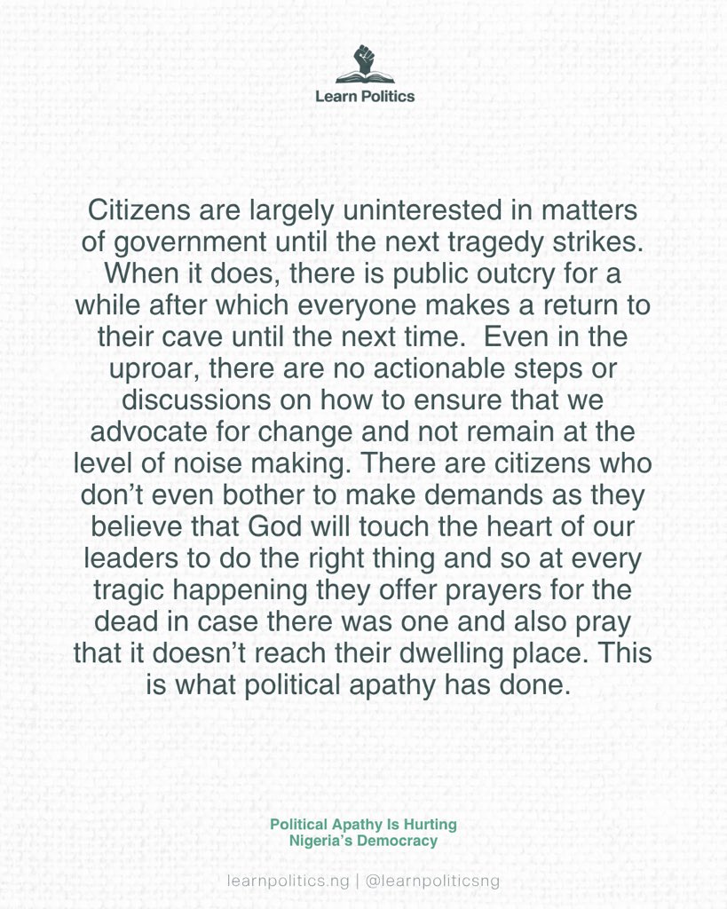 learnpoliticsng's tweet photo. Today, Nigeria marks 26 years of uninterrupted democracy. Yet, one major threat continues to weaken our democratic progress — political apathy.
Read through to see how political apathy undermines our democracy, and why your voice matters now more than ever.
#learnpolitics https://t.co/ePVapNiPMv