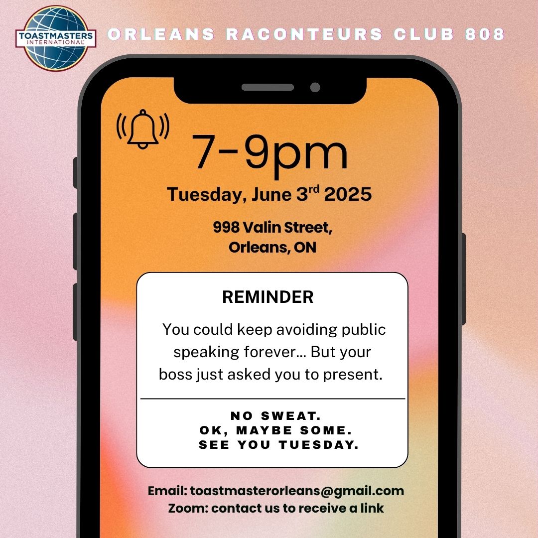 raconteurstm's tweet photo. Real talk: Public speaking is scary until it’s not.
At Toastmasters, we turn “umm” into “I'm ready.”
🗓 Join us Tuesday, June 3
🕖 7–9 PM | 998 Valin Street, Orleans (or Zoom!)

Come sweat a little with us—you’ll leave a lot more confident. https://t.co/eEKP3qjd7j