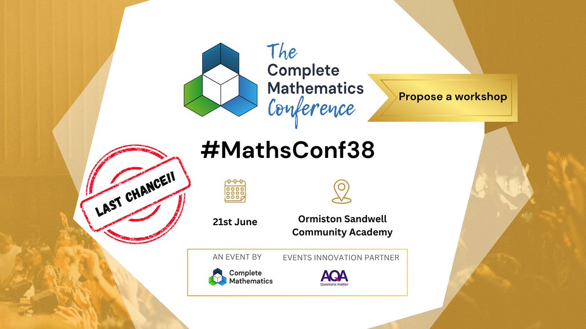 Time is running out to submit your workshop proposals for #MathsConf38! 

Submissions close at 5pm Sunday 1st June, don’t miss the chance to share your ideas with the maths community. 

Submit yours now and be part of something special. Click here to submit your workshop