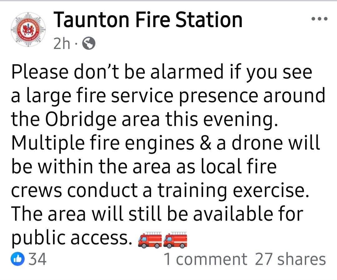 Andy Nickolls - Paramedic - Road Safety Team DSFRS (@nickolls_andy) on Twitter photo In the Obridge area of #Taunton tonight, our <a href="/DSFireUpdates/">Devon and Somerset Fire and Rescue Service</a> crews will be hosting an emergency exercise involving crews & drones. <a href="/Taunton_TC/">Taunton Town Council</a> <a href="/TauntonChamber/">Taunton Chamber</a> <a href="/bbcsomerset/">BBC Somerset</a> <a href="/SomersetCouncil/">Somerset Council</a> <a href="/ASPWestSom/">ASPolice West Somerset</a> <a href="/hunt/">Hunt</a> In the Obridge area of #Taunton tonight, our <a href="/DSFireUpdates/">Devon and Somerset Fire and Rescue Service</a> crews will be hosting an emergency exercise involving crews & drones. <a href="/Taunton_TC/">Taunton Town Council</a> <a href="/TauntonChamber/">Taunton Chamber</a> <a href="/bbcsomerset/">BBC Somerset</a> <a href="/SomersetCouncil/">Somerset Council</a> <a href="/ASPWestSom/">ASPolice West Somerset</a> <a href="/hunt/">Hunt</a>