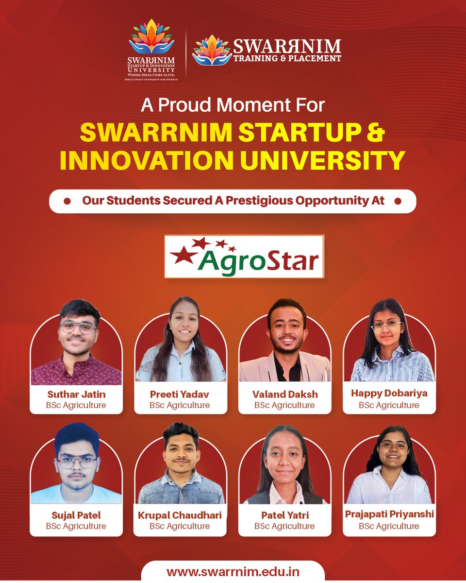 SwarrnimUni's tweet image. Swarrnim Startup &amp;amp; Innovation University is proud to announce significant placements at AgroStar! We celebrate our BSc Agriculture students.
.
.
.
.
#SwarrnimUniversity #AgroStarPlacement #BScAgriculture #CampusToCorporate #StudentSuccess #PlacementDrive #AgricultureCareers