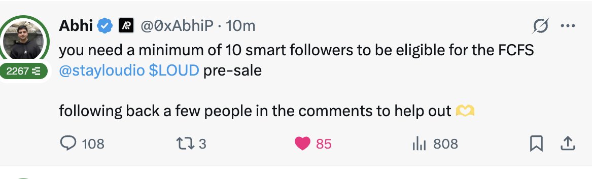 Arkadaşlar <a href="/stayloudio/">Loud!</a>  muhtemelen launchda 100x yapa bilecek proje ve Kaitoda en az 10 Smart takipçisi olanlar Kaito hesabına Sol cüzdanını bağlayarak satışa katıla bilecek.Globalde çok yoğun destek tvitleri başlamış. Tüm CT-nin SF-lerinden rica ediyorum Smart takipçisi 10-dan