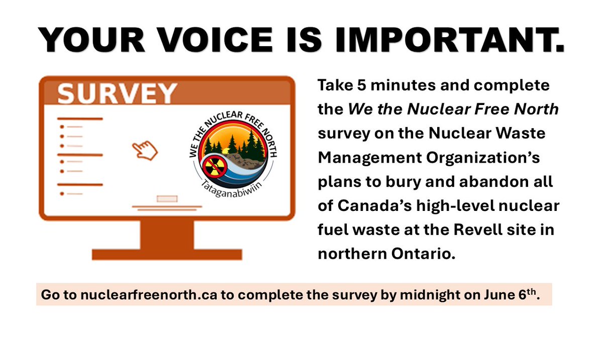We the Nuclear Free North has launched a 10 day survey to hear your views on the NWMO's nuclear waste burial plans. Take 5 to fill it in! tinyurl.com/48rvt65v #nuclearwaste #northernOntario