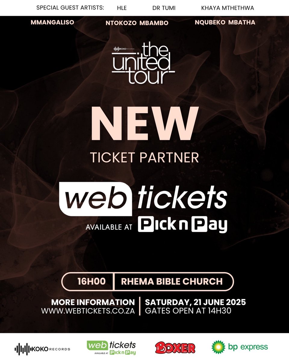 Our new ticketing partner is Webtickets! 🎟️Access to The United Tour Rhema is now available exclusively through Webtickets —
online and in-store at Pick n Pay, Boxer, and BP Express nationwide.

Secure your spot and be part of something unforgettable.

#Webtickets #TheUnitedTour