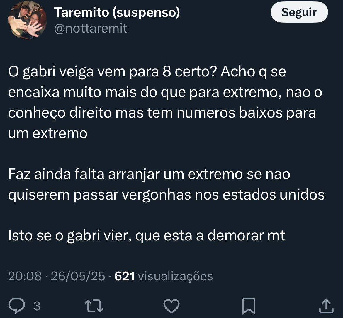 Desconhece a posição do jogador, questionando se é 8 ou extremo!!

O próprio questiona a vinda do Gabri Veiga: “isto se o Gabri vier, que esta a demorar mt”

E depois faz um post como se fosse o herói da pátria, só para ganhar umas views e uns likes.