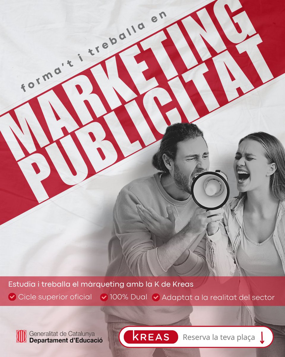 KREASFP's tweet image. ✨ Reserva la teva plaça pel Cicle Formatiu de Grau Superior de Màrqueting i Publicitat pel curs 2025-26.

🚀 Prepara’t per ser una persona professional versàtil, capaç d’impulsar l’èxit de les empreses en un entorn cada vegada més digital i competitiu.
🌐 kreas.cat