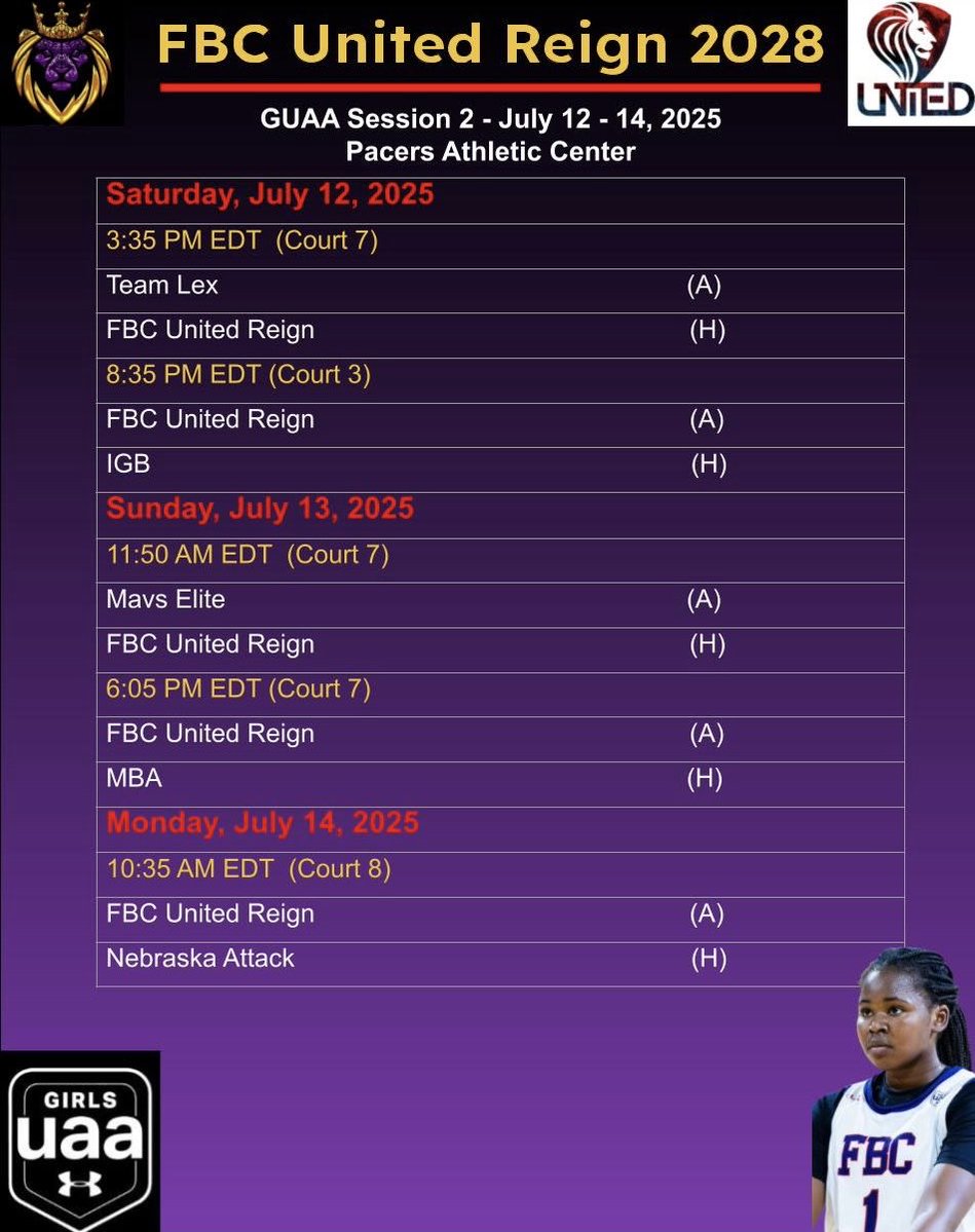 Alysya Smith 2028 (PG/SG) Why Not The Gym? (@thehoops0410) on Twitter photo Here’s my schedule for session ll GUAA in Westfield IN. Hope to see you all court side. <a href="/rfvann24/">Rachel Vann</a> <a href="/CoachVann35/">Justin Vann</a> <a href="/2028Fbcreign/">FBC Reign 2028</a> Here’s my schedule for session ll GUAA in Westfield IN. Hope to see you all court side. <a href="/rfvann24/">Rachel Vann</a> <a href="/CoachVann35/">Justin Vann</a> <a href="/2028Fbcreign/">FBC Reign 2028</a>