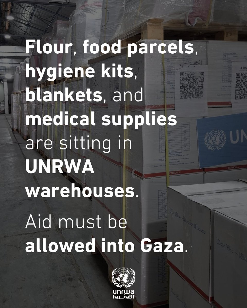 In the UNRWA warehouse in Amman, just a three-hour drive from #Gaza, we have enough supplies to sustain over 200,000 people for an entire month.

Flour, food parcels, hygiene kits, blankets and medical supplies are ready to be delivered. Gaza needs aid at scale - an unhindered,
