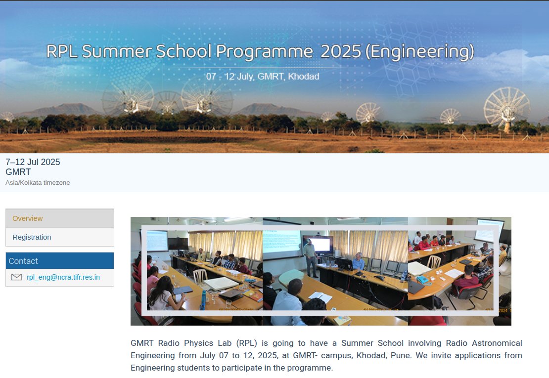 We invite applications from engineering students for a Summer School on Radio Astronomical Engineering, organized by the #GMRT Radio Physics Lab. The school will be held from July 7 to 12, 2025, at the GMRT Campus, Khodad. 
📌 Deadline: June 06, 2025.
🔗conf1.ncra.tifr.res.in/event/13/