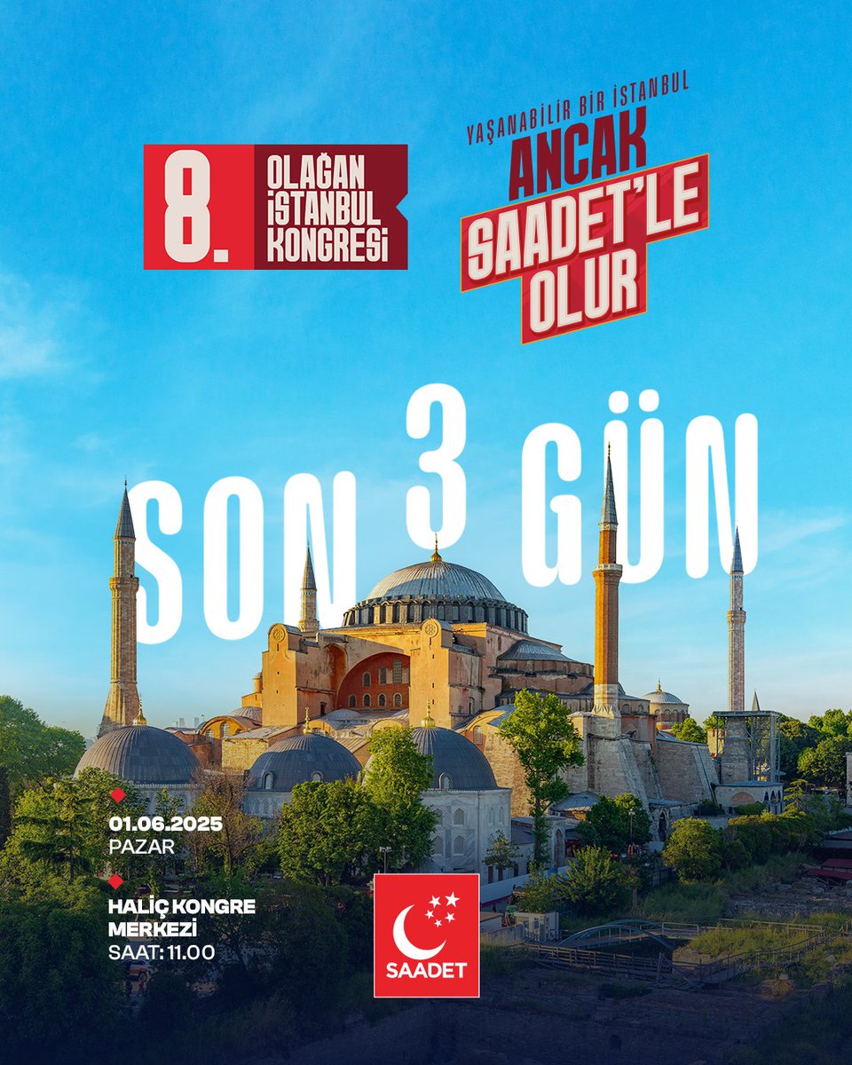 Yaşanabilir Bir İstanbul #AncakSaadetleOlur!

🚩 8. Olağan İstanbul İl Kongresi
🗓 01 Haziran Pazar | 11.00’da 
📍 Haliç Kongre Merkezi

Tüm halkımız davetlidir.