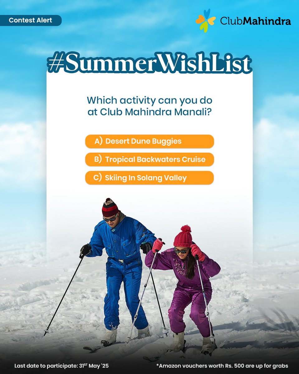 Club Mahindra (@clubmahindra) on Twitter photo #ContestAlert 13 of 15
Participate in all #SummerWishList
STEPS
1) Comment below with your answer using #SummerWishList and #ClubMahindra. Don’t forget to tag <a href="/clubmahindra/">Club Mahindra</a> and four of your friends – it’s mandatory!
2) Participate in all 15 contest posts. Winners get #ContestAlert 13 of 15
Participate in all #SummerWishList
STEPS
1) Comment below with your answer using #SummerWishList and #ClubMahindra. Don’t forget to tag <a href="/clubmahindra/">Club Mahindra</a> and four of your friends – it’s mandatory!
2) Participate in all 15 contest posts. Winners get